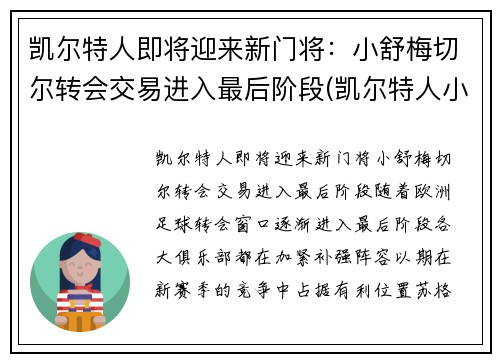 凯尔特人即将迎来新门将：小舒梅切尔转会交易进入最后阶段(凯尔特人小球迷)