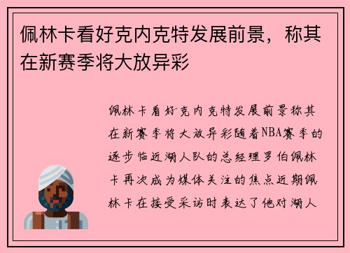 佩林卡看好克内克特发展前景，称其在新赛季将大放异彩