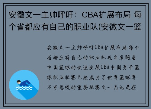 安徽文一主帅呼吁：CBA扩展布局 每个省都应有自己的职业队(安徽文一篮球队队员)