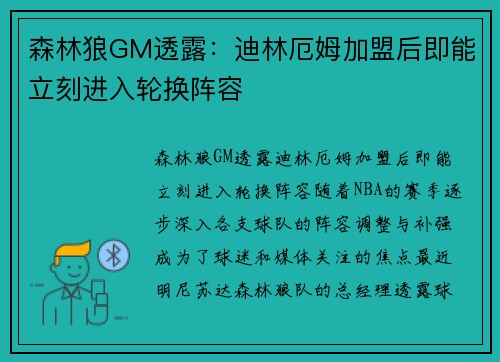 森林狼GM透露：迪林厄姆加盟后即能立刻进入轮换阵容