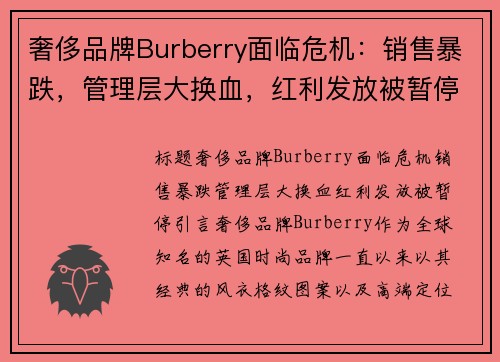 奢侈品牌Burberry面临危机：销售暴跌，管理层大换血，红利发放被暂停
